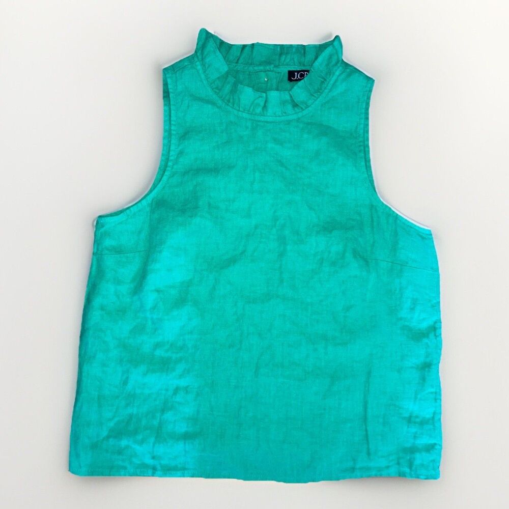 J Crew Womens XS Preppy Lux Emerald Green Ruffle Neck Linen Sleeveless Tank Top
